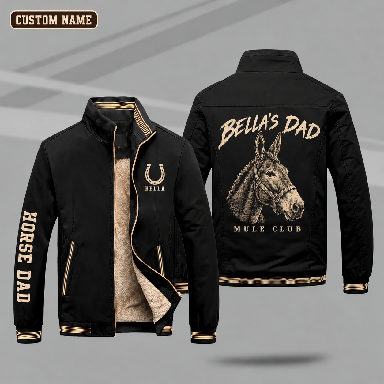 Fleece-Lined Stand Collar Jacket personalized with "Mule Dad" and mule head artwork on the back
