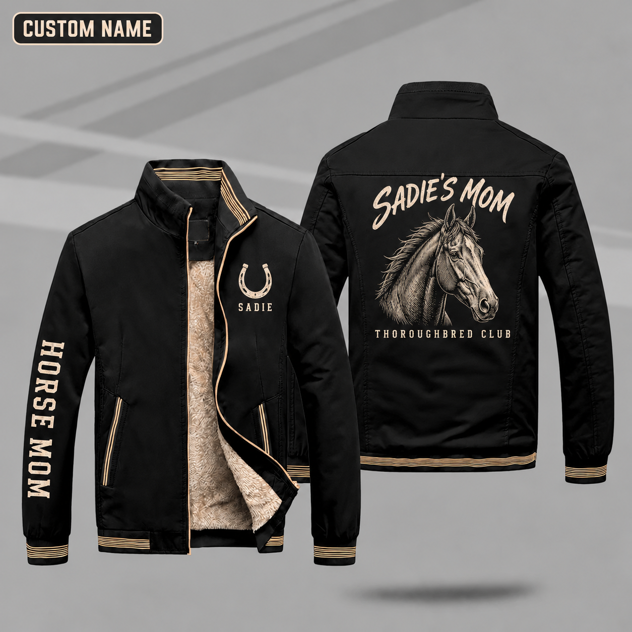 Fleece-Lined Stand Collar Jacket personalized with "Thoroughbred Mom" and thoroughbred head artwork on the back