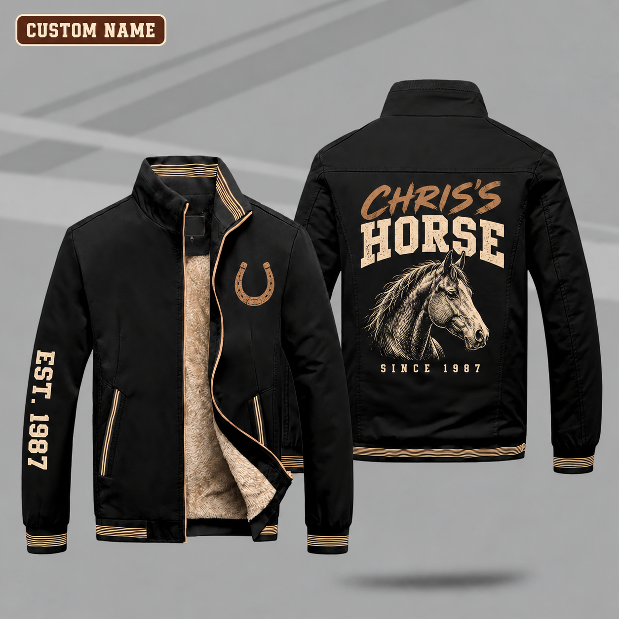 Fleece-Lined Stand Collar Jacket personalized with "Chris's Horse Since 1987" and quarter horse head artwork on the back