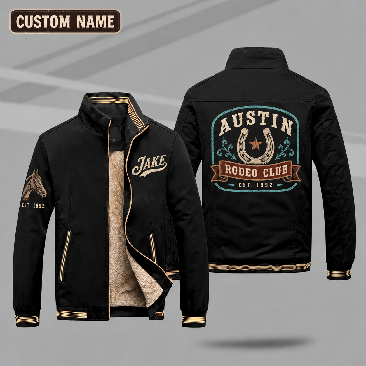 Fleece-Lined Stand Collar Jacket personalized with "Austin Rodeo Club Est. 1992" and horseshoe artwork on the back
