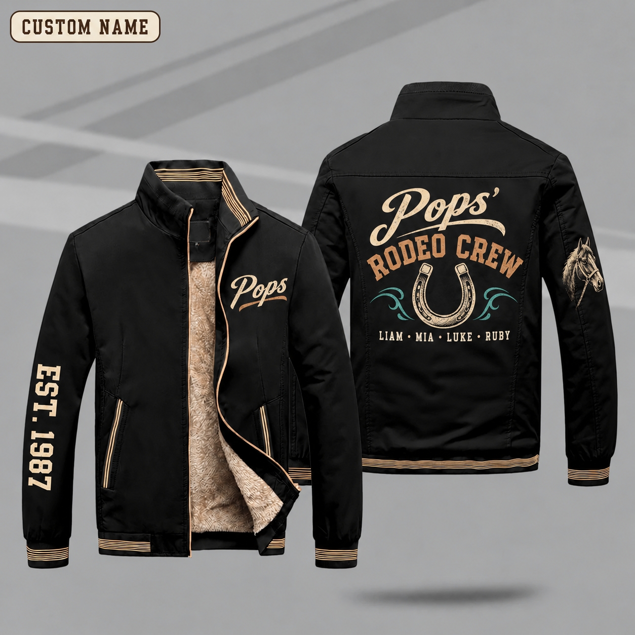 Fleece-Lined Stand Collar Jacket personalized with "Pops' Rodeo Crew" and horseshoe artwork on the back