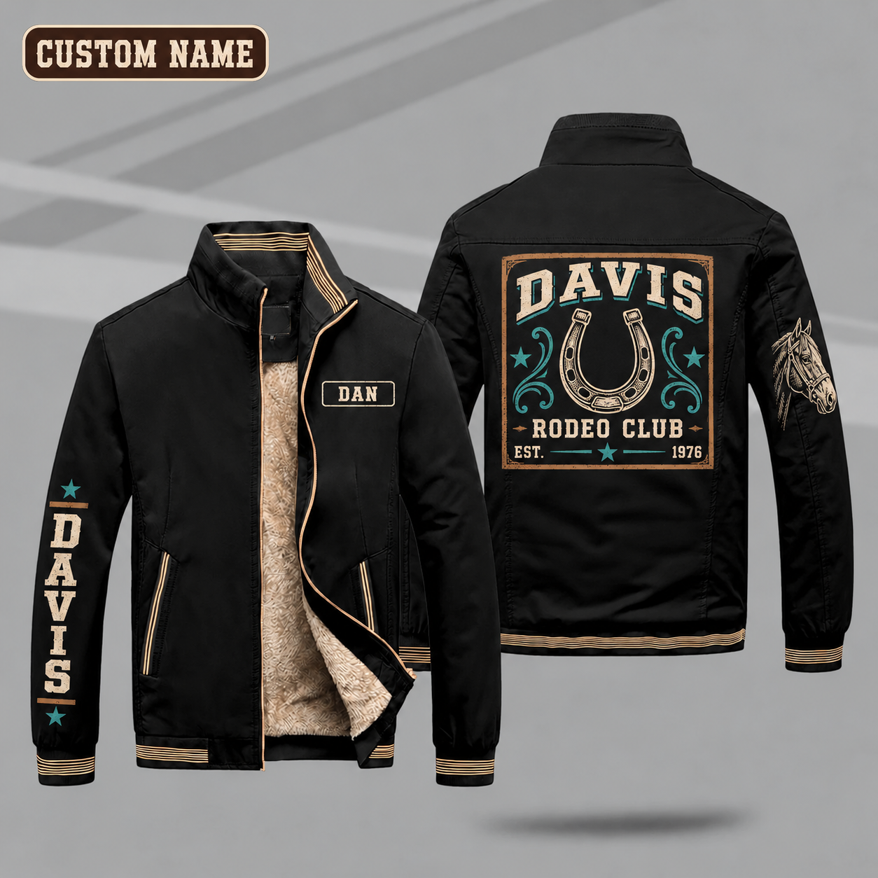 Fleece-Lined Stand Collar Jacket personalized with "Davis Rodeo Club Est. 1976" and horseshoe artwork on the back