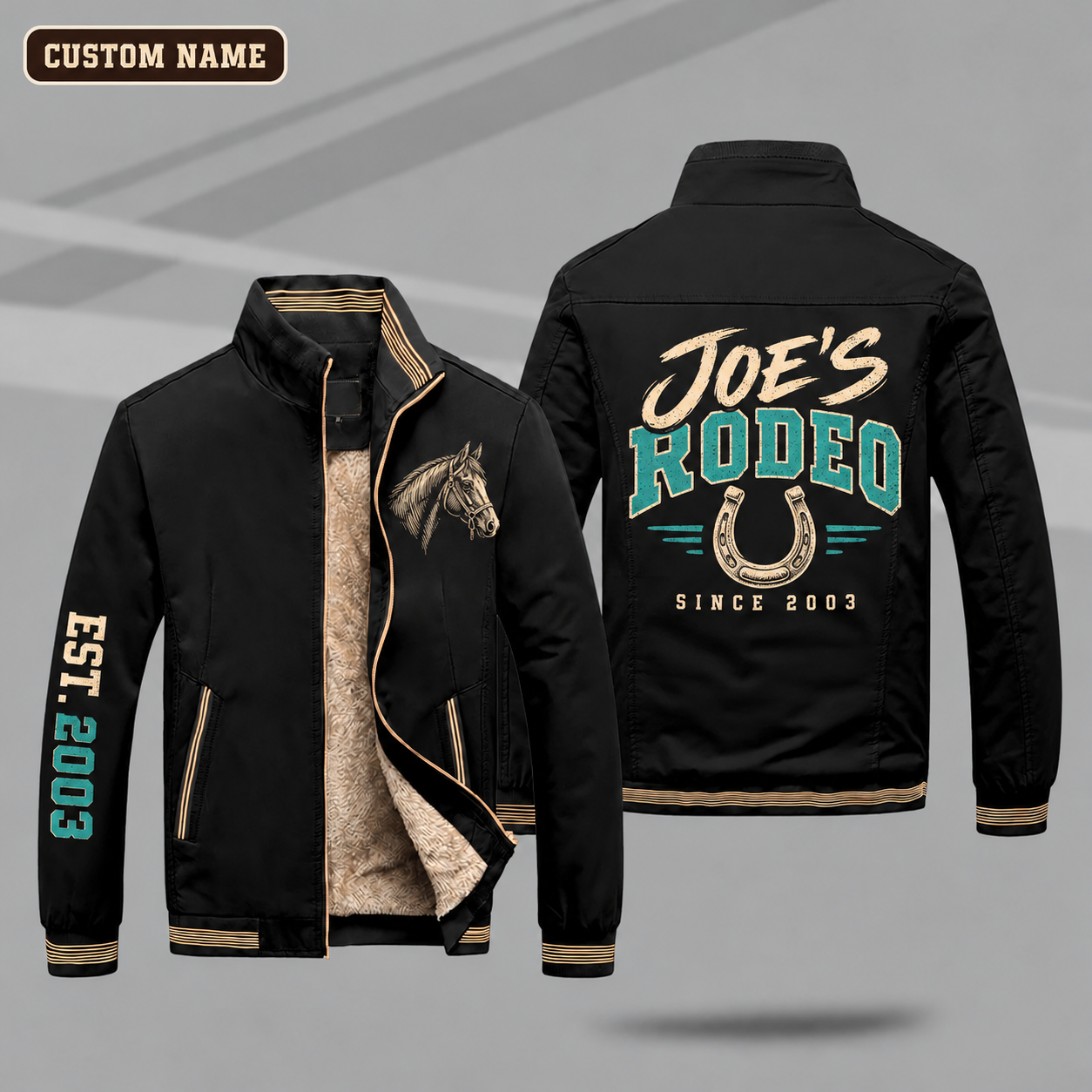 Fleece-Lined Stand Collar Jacket personalized with "Joe's Rodeo Since 2003" and horseshoe artwork on the back
