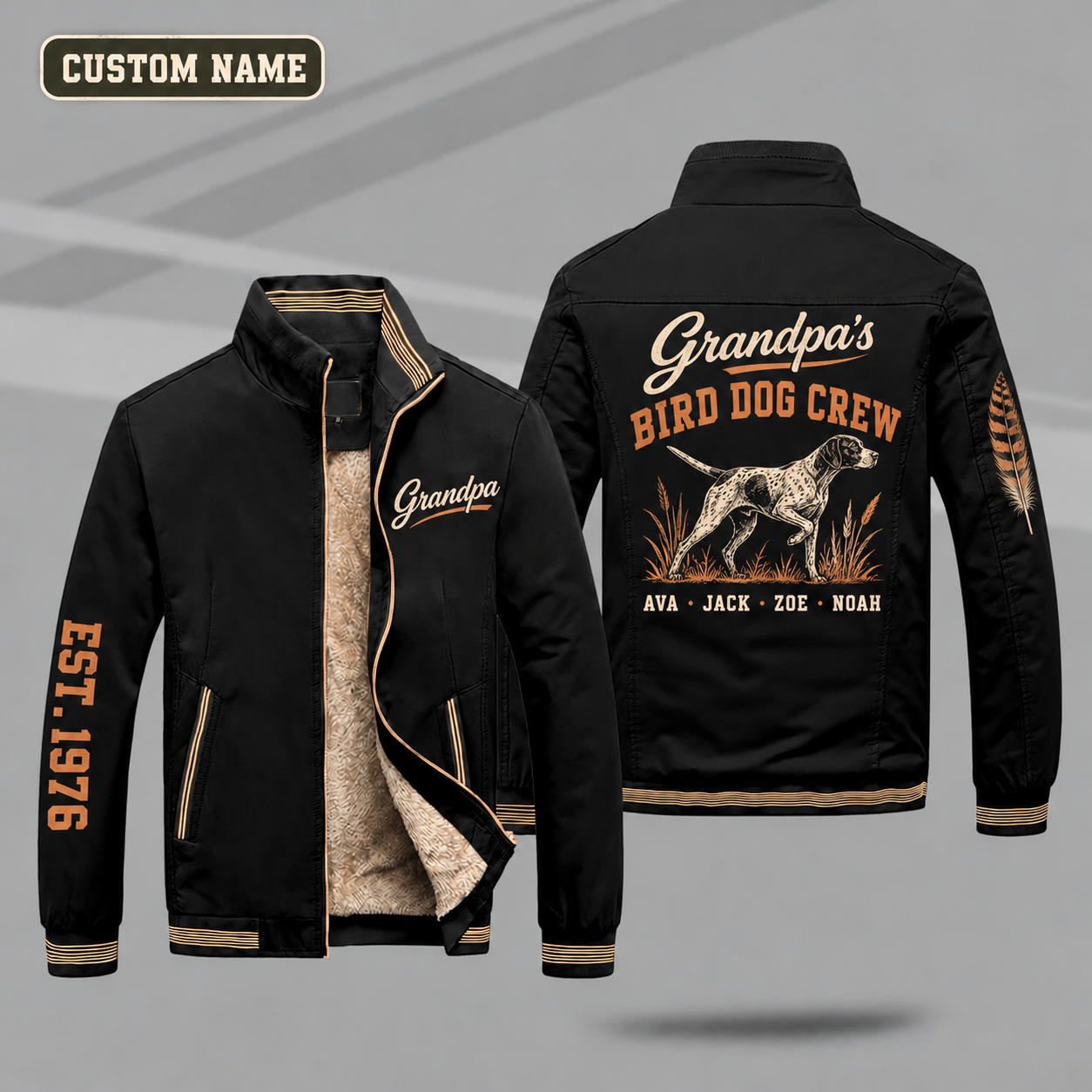 Fleece-Lined Stand Collar Jacket personalized with "Grandpa's Bird Dog Crew" and pointer dog artwork on the back