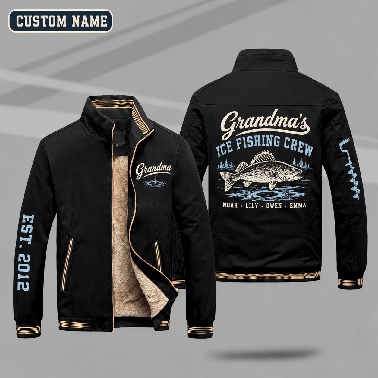 Fleece-Lined Stand Collar Jacket personalized with "Grandma's Ice Fishing Crew" and walleye artwork on the back