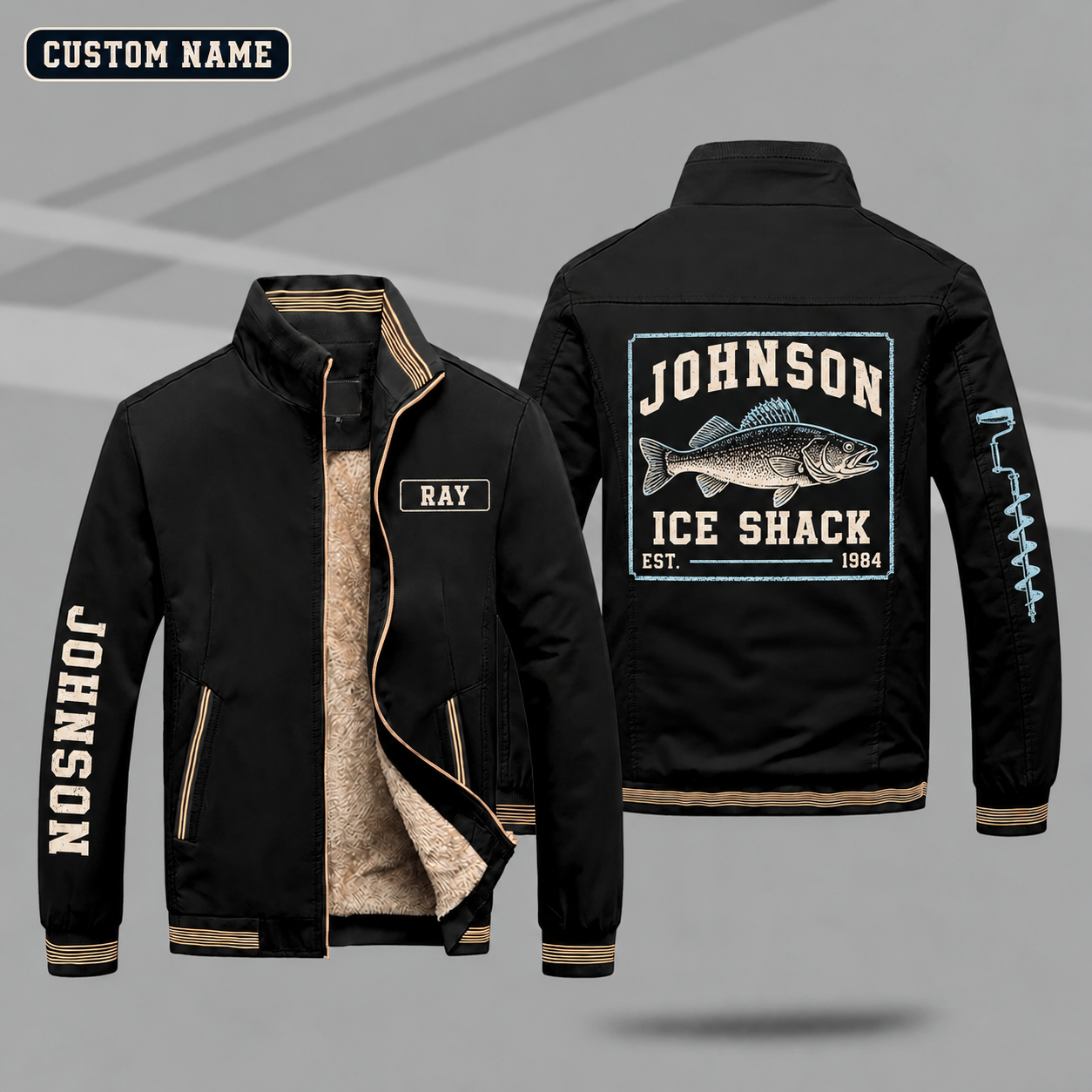 Fleece-Lined Stand Collar Jacket personalized with "Johnson Ice Shack Est. 1984" and walleye artwork on the back