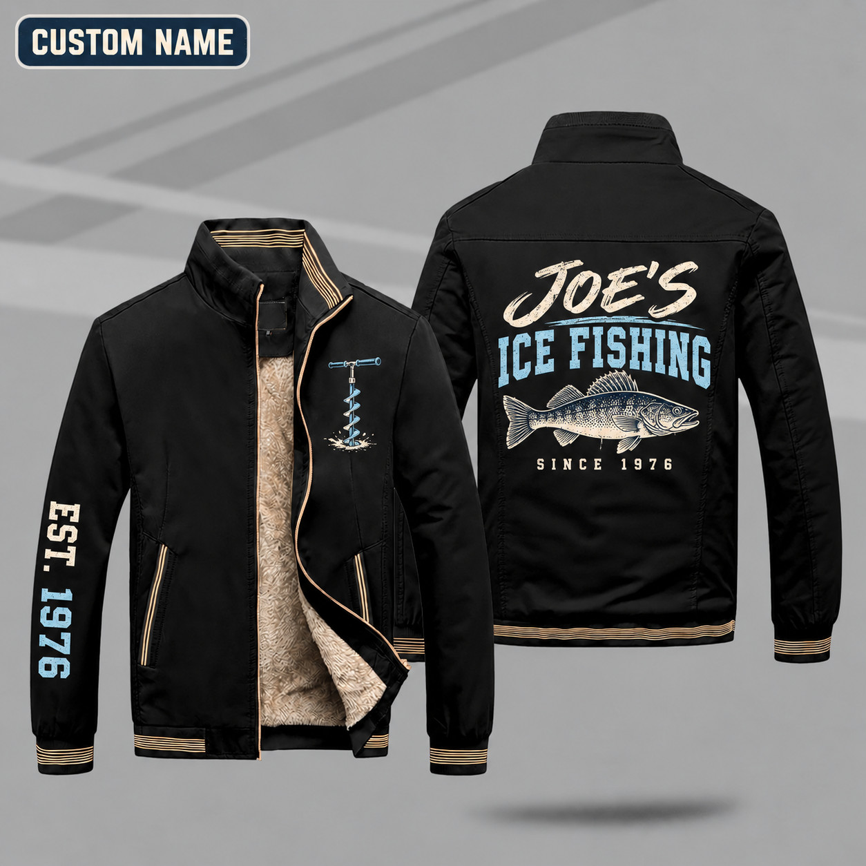 Fleece-Lined Stand Collar Jacket personalized with "Joe's Ice Fishing Since 1976" and walleye artwork on the back