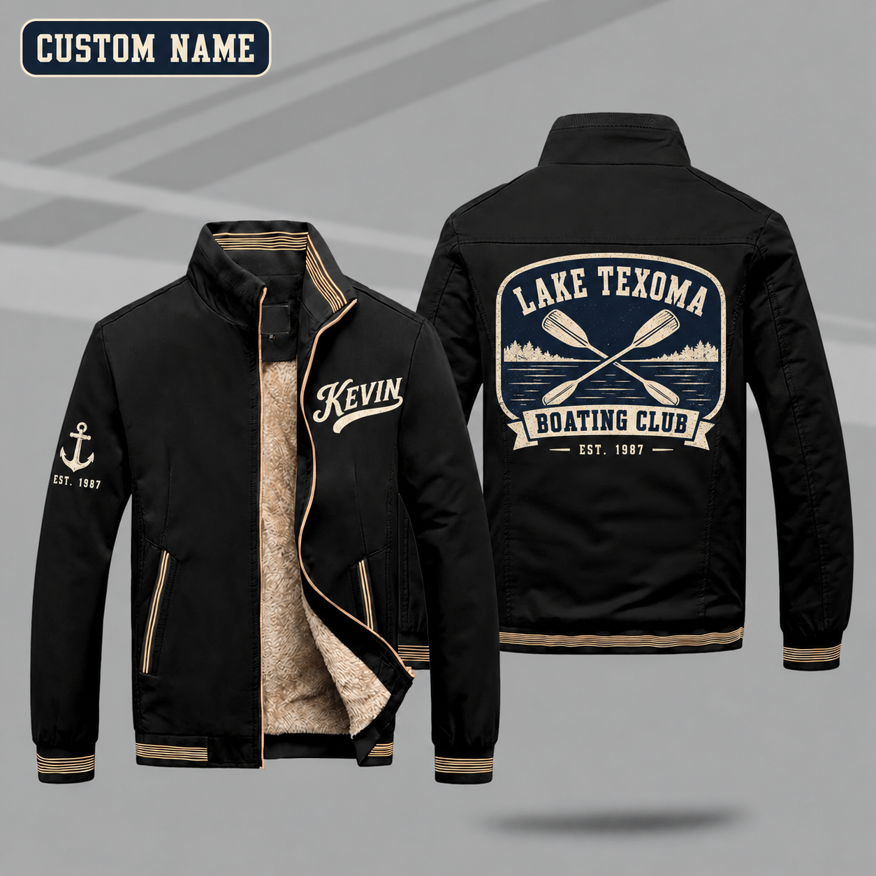 Fleece-Lined Stand Collar Jacket personalized with "Lake Texoma Boating Club Est. 1987" and crossed paddles artwork on the back