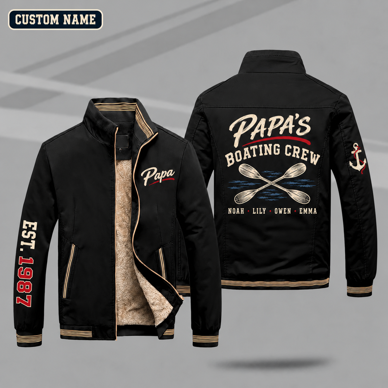 Fleece-Lined Stand Collar Jacket personalized with "Papa's Boating Crew" and crossed paddles artwork on the back