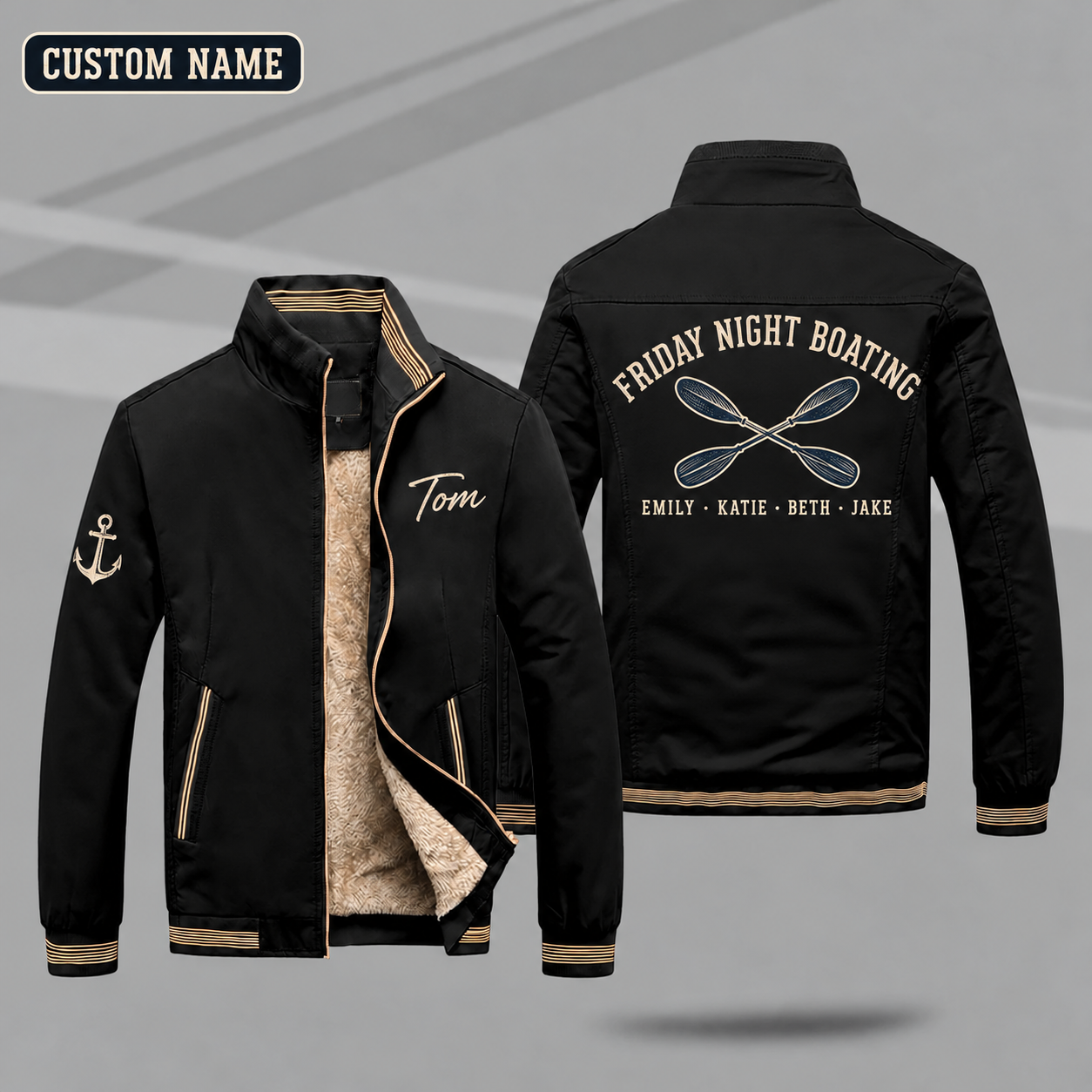 Fleece-Lined Stand Collar Jacket personalized with "Friday Night Boating" and crossed paddles artwork on the back