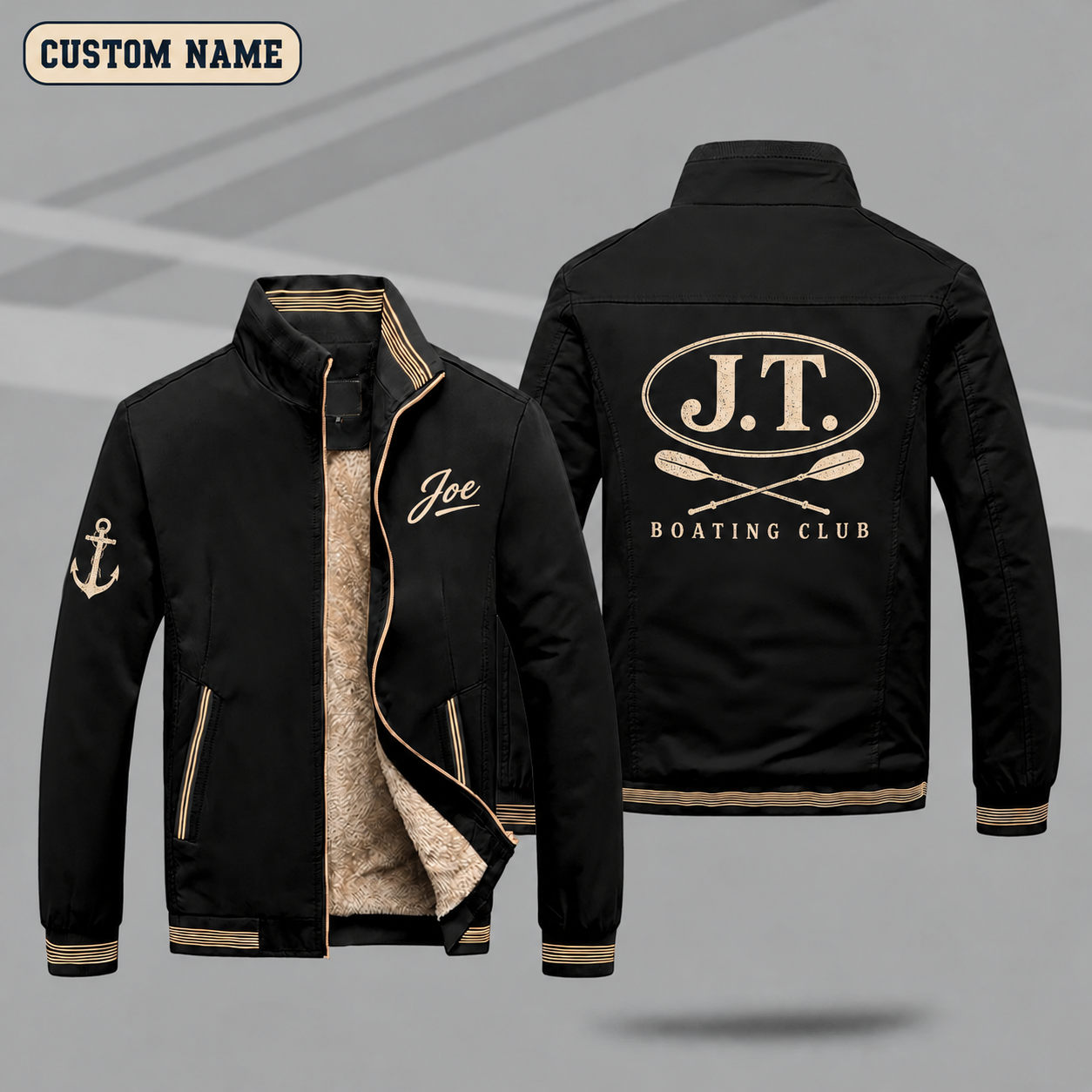 Fleece-Lined Stand Collar Jacket personalized with "J.T. Boating Monogram" and crossed paddles artwork on the back