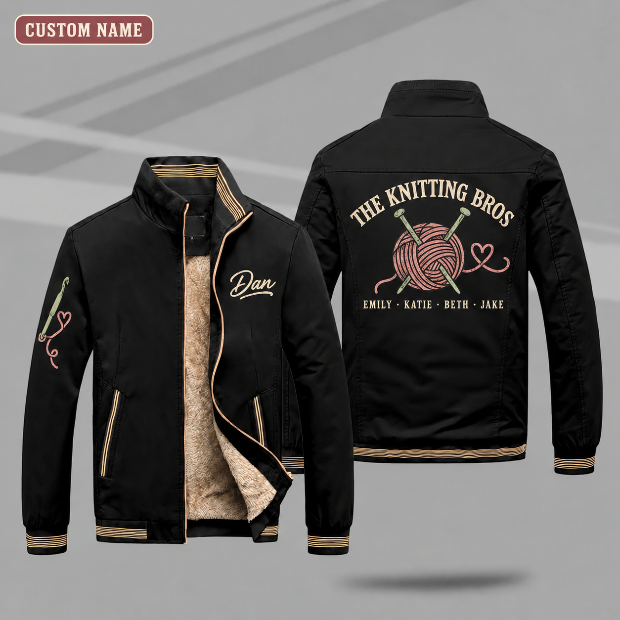 Fleece-Lined Stand Collar Jacket personalized with "The Knitting Bros" and yarn ball with needles artwork on the back
