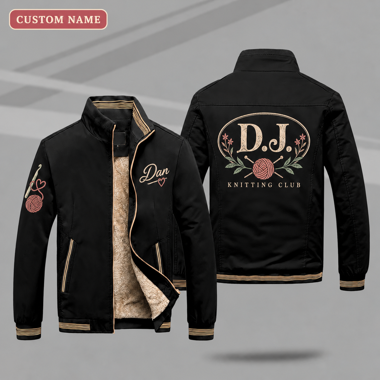 Fleece-Lined Stand Collar Jacket personalized with "D.J. Knitting Monogram" and yarn ball with needles artwork on the back