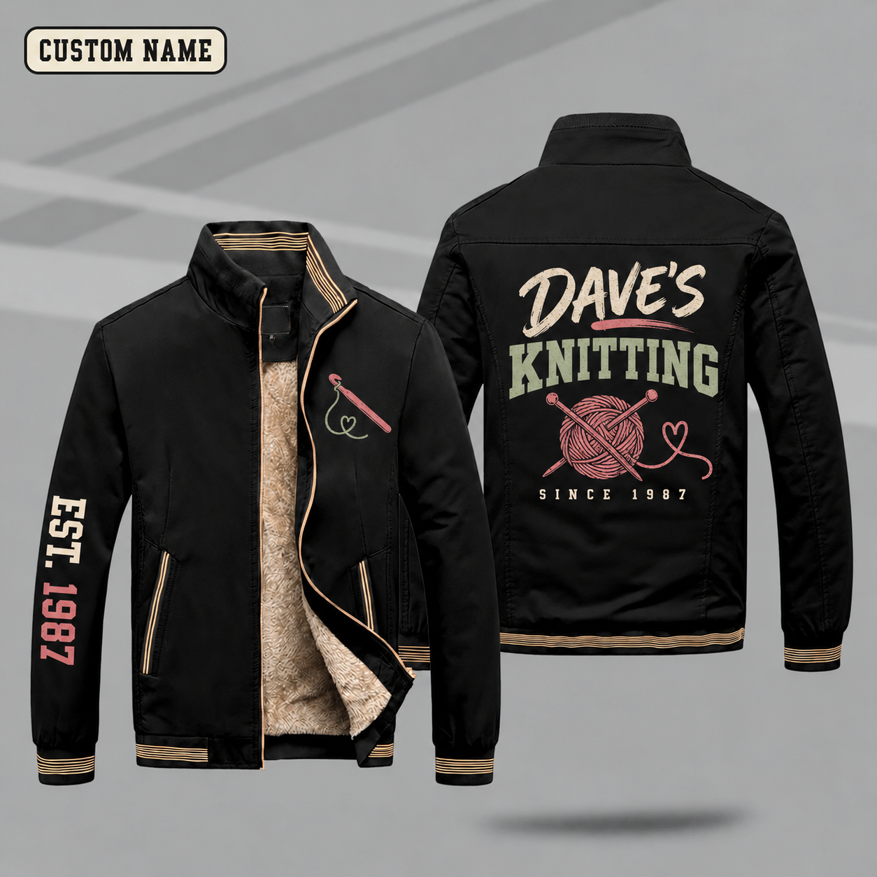 Fleece-Lined Stand Collar Jacket personalized with "Dave's Knitting Since 1987" and yarn ball with needles artwork on the back