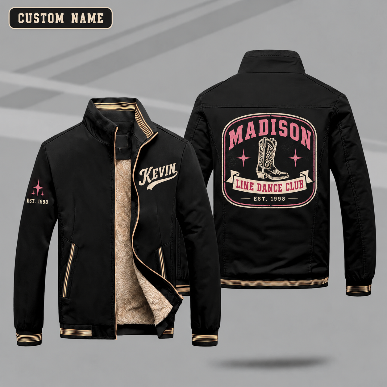 Fleece-Lined Stand Collar Jacket personalized with "Madison Line Dance Club Est. 1998" and cowboy boot artwork on the back