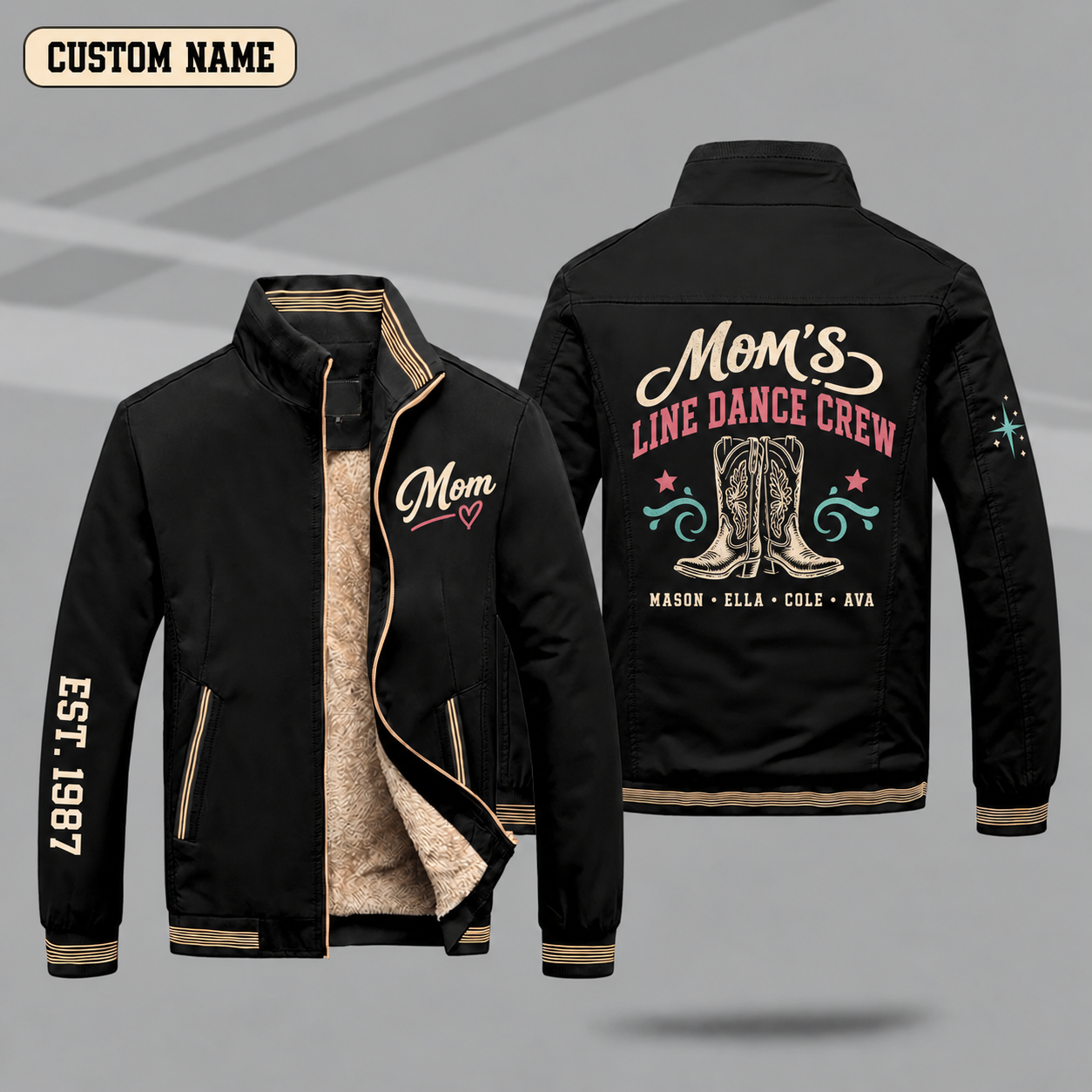 Fleece-Lined Stand Collar Jacket personalized with "Mom's Line Dance Crew" and cowboy boot artwork on the back