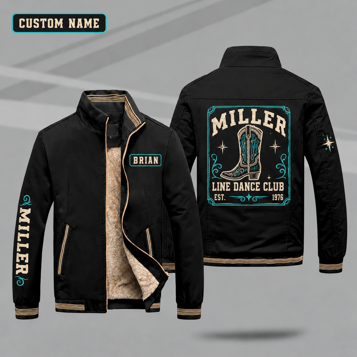 Fleece-Lined Stand Collar Jacket personalized with "Miller Line Dance Club Est. 1976" and cowboy boot artwork on the back