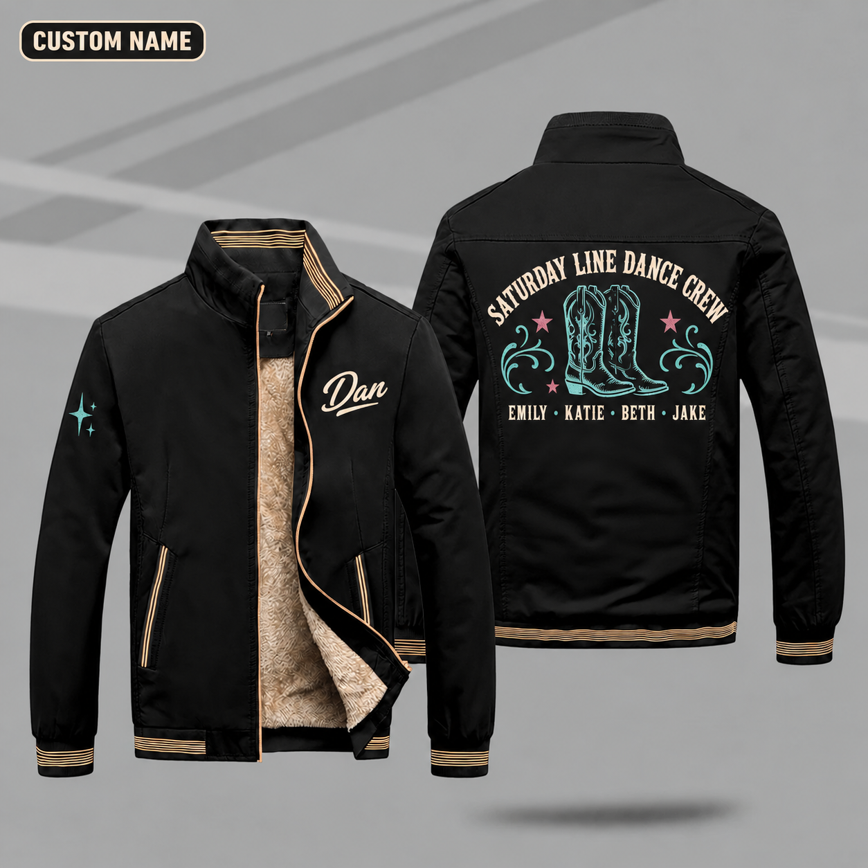 Fleece-Lined Stand Collar Jacket personalized with "Saturday Line Dance Crew" and cowboy boot artwork on the back