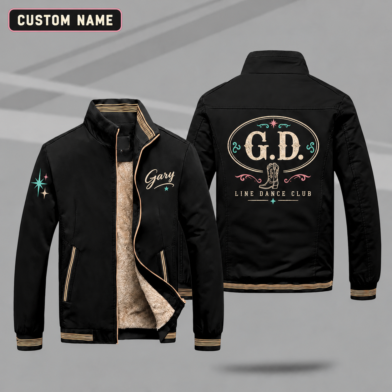 Fleece-Lined Stand Collar Jacket personalized with "G.D. Line Dance Monogram" and cowboy boot artwork on the back