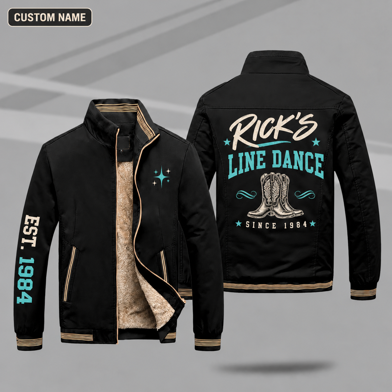 Fleece-Lined Stand Collar Jacket personalized with "Rick's Line Dance Since 1984" and cowboy boot artwork on the back