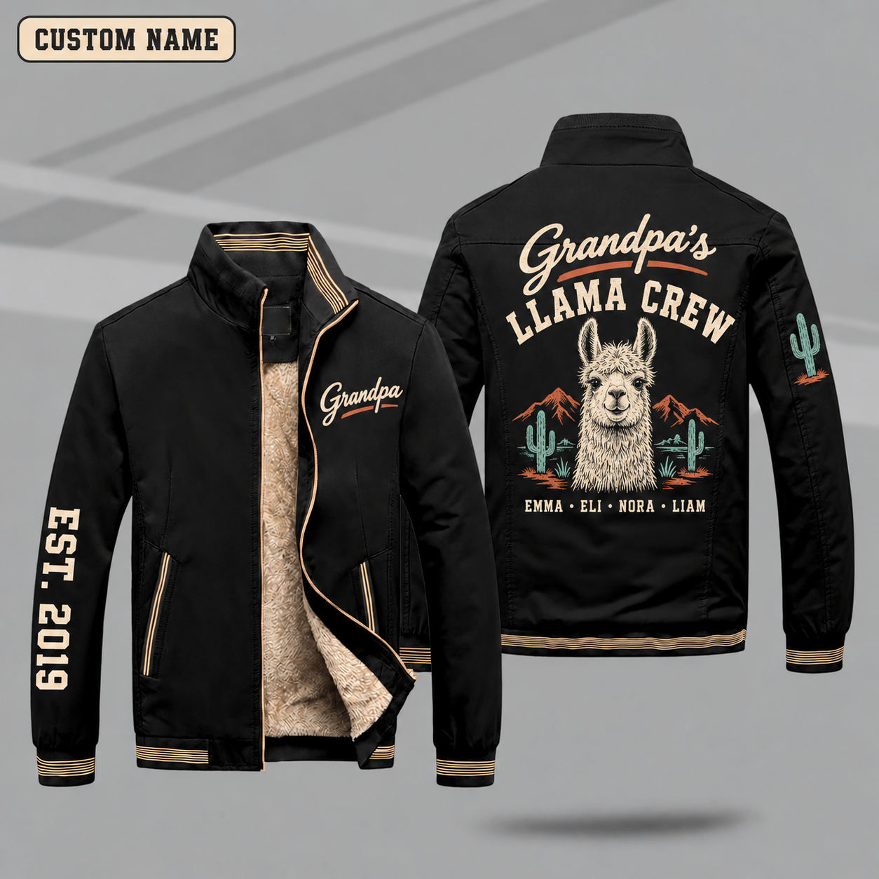 Fleece-Lined Stand Collar Jacket personalized with "Grandpa's Llama Crew" and llama head artwork on the back