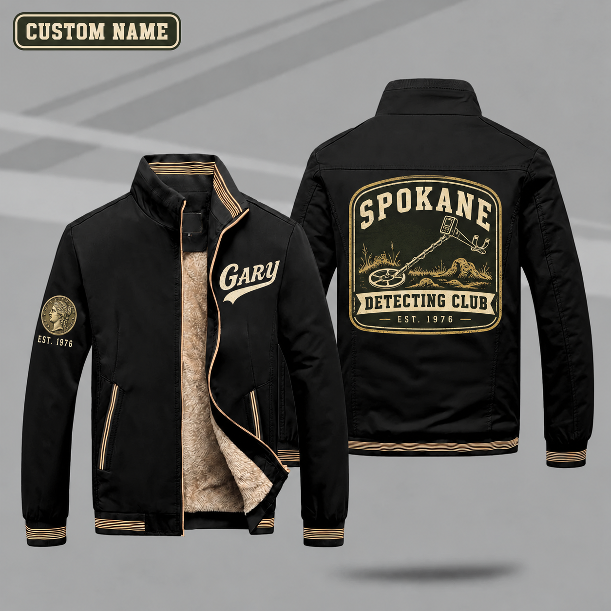 Fleece-Lined Stand Collar Jacket personalized with "Spokane Detecting Club Est. 1976" and metal detector artwork on the back