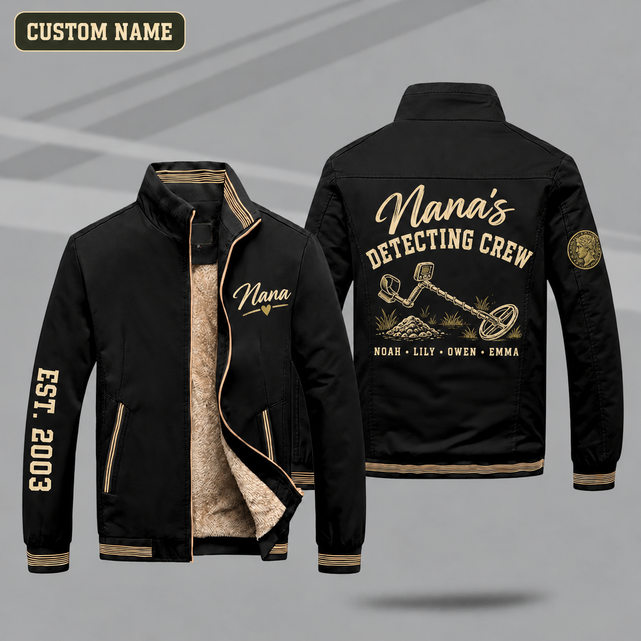 Fleece-Lined Stand Collar Jacket personalized with "Nana's Detecting Crew" and metal detector artwork on the back