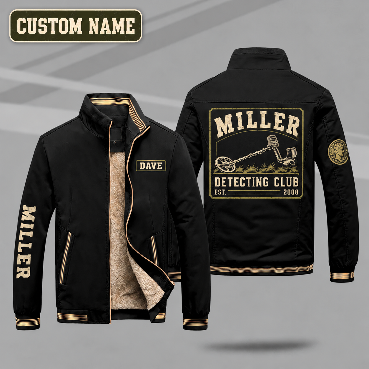 Fleece-Lined Stand Collar Jacket personalized with "Miller Detecting Club Est. 2008" and metal detector artwork on the back