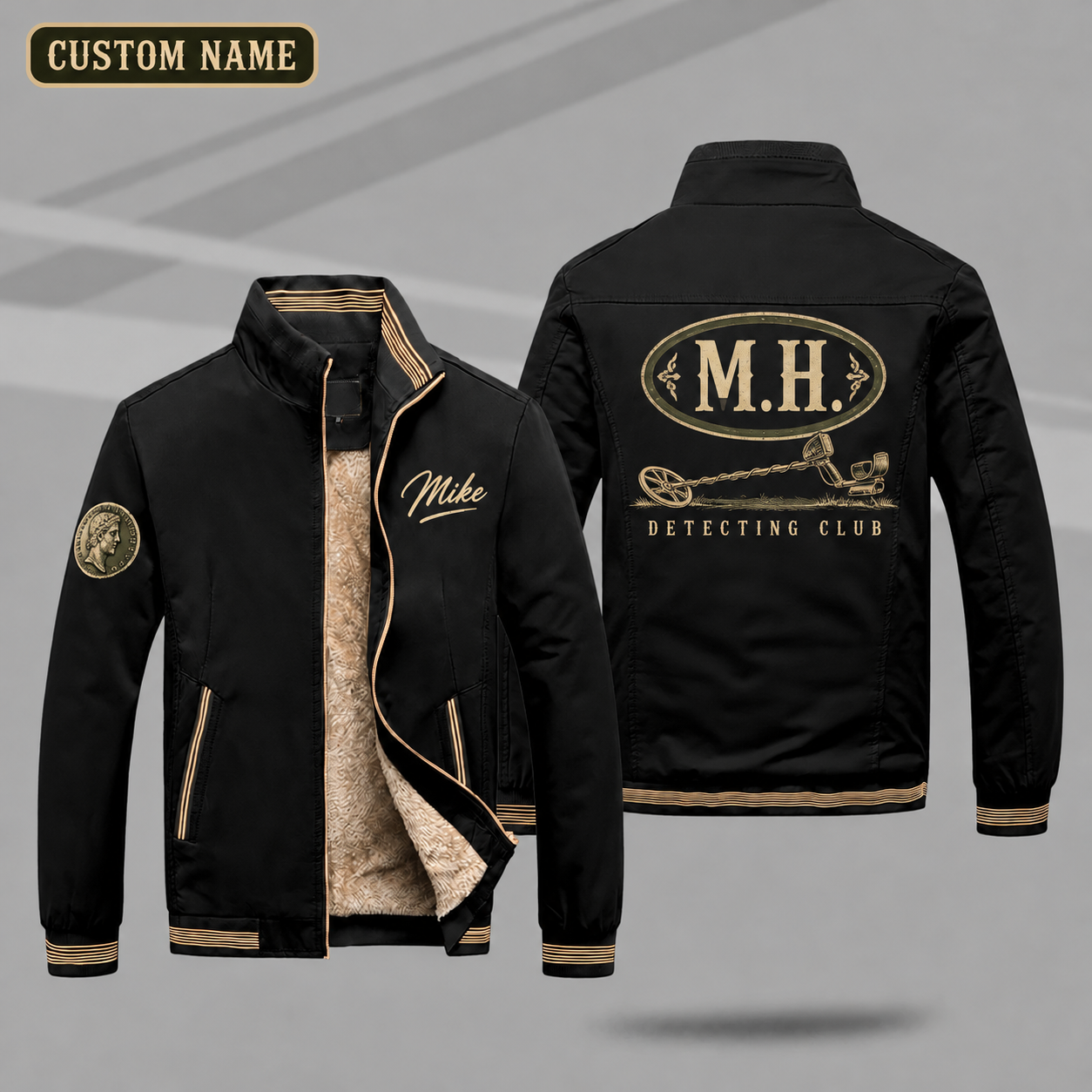 Fleece-Lined Stand Collar Jacket personalized with "M.H. Detecting Monogram" and metal detector artwork on the back