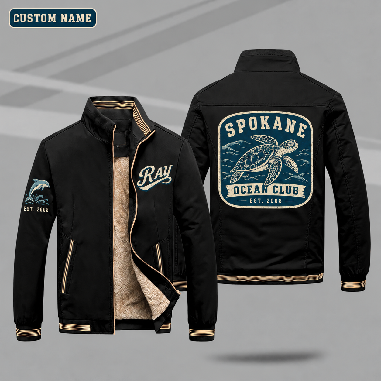 Fleece-Lined Stand Collar Jacket personalized with "Spokane Ocean Club Est. 2008" and sea turtle artwork on the back