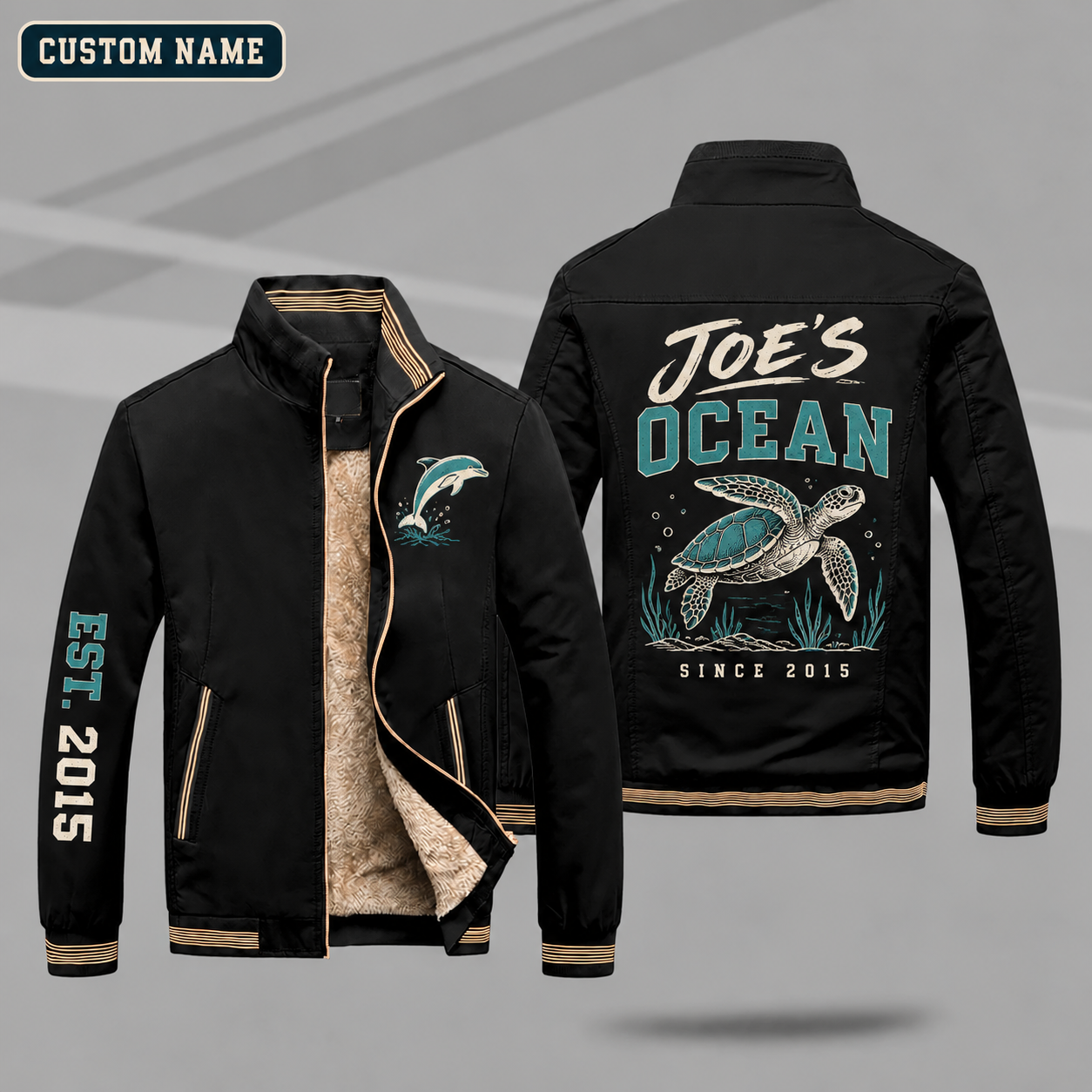 Fleece-Lined Stand Collar Jacket personalized with "Joe's Ocean Since 2015" and sea turtle artwork on the back