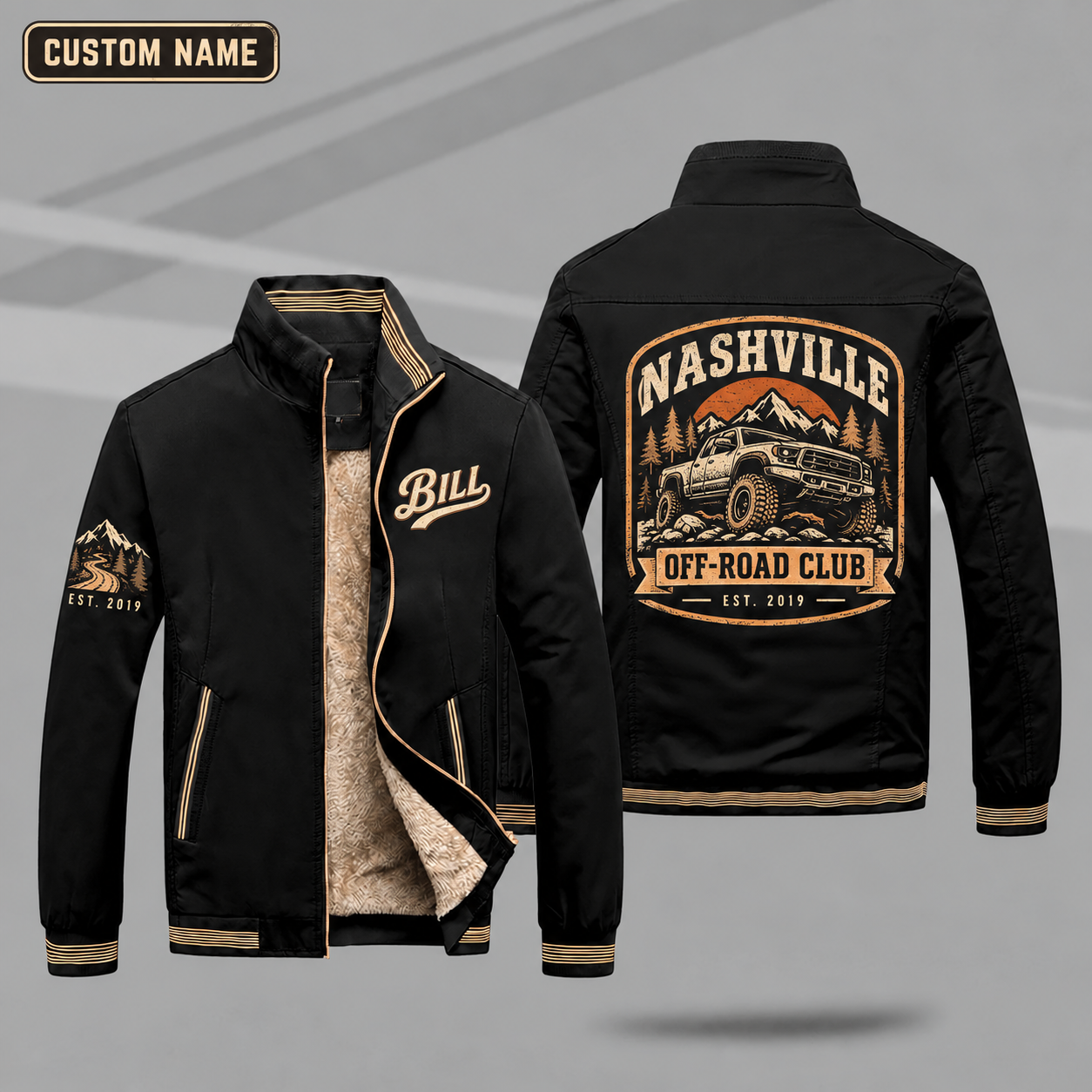 Fleece-Lined Stand Collar Jacket personalized with "Nashville Off-road Club Est. 2019" and off-road tire artwork on the back