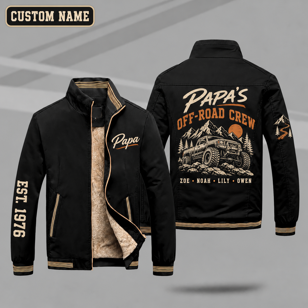 Fleece-Lined Stand Collar Jacket personalized with "Papa's Off-Road Crew" and off-road tire artwork on the back