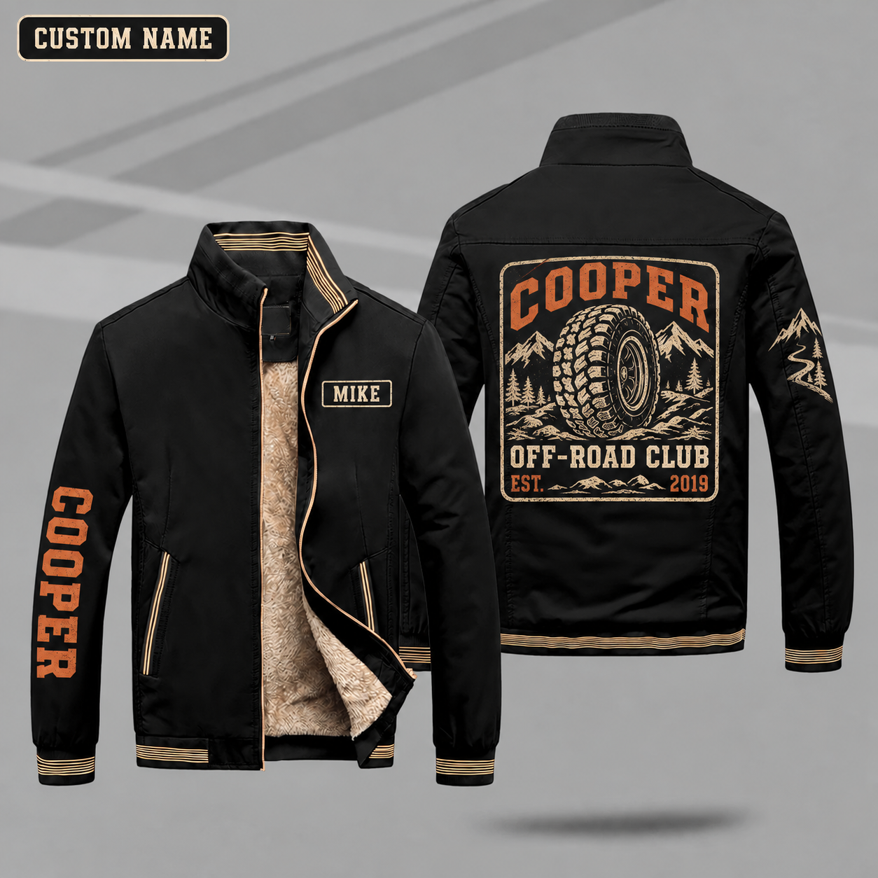 Fleece-Lined Stand Collar Jacket personalized with "Cooper Off-road Club Est. 2019" and off-road tire artwork on the back