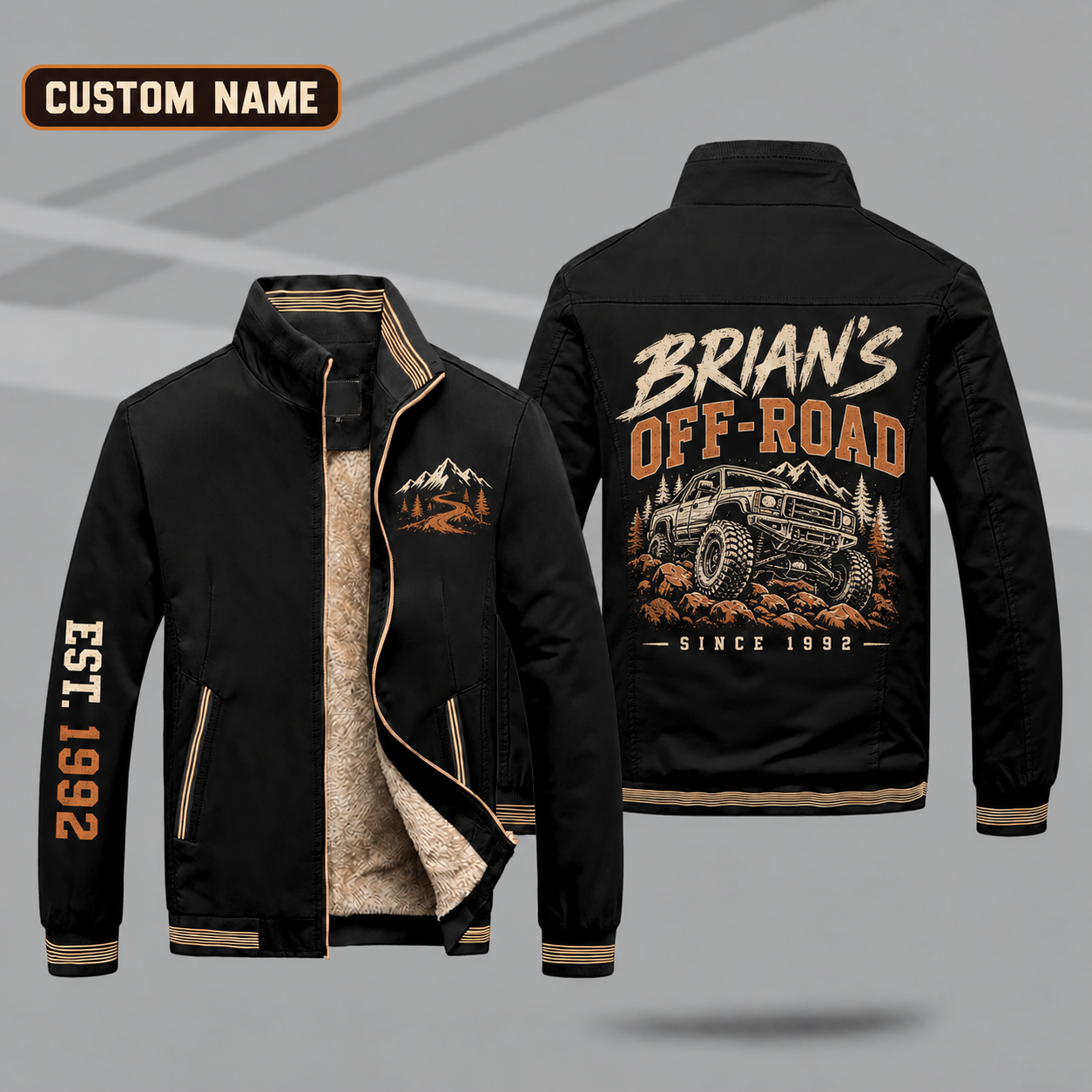 Fleece-Lined Stand Collar Jacket personalized with "Brian's Off-Road Since 1992" and off-road tire artwork on the back