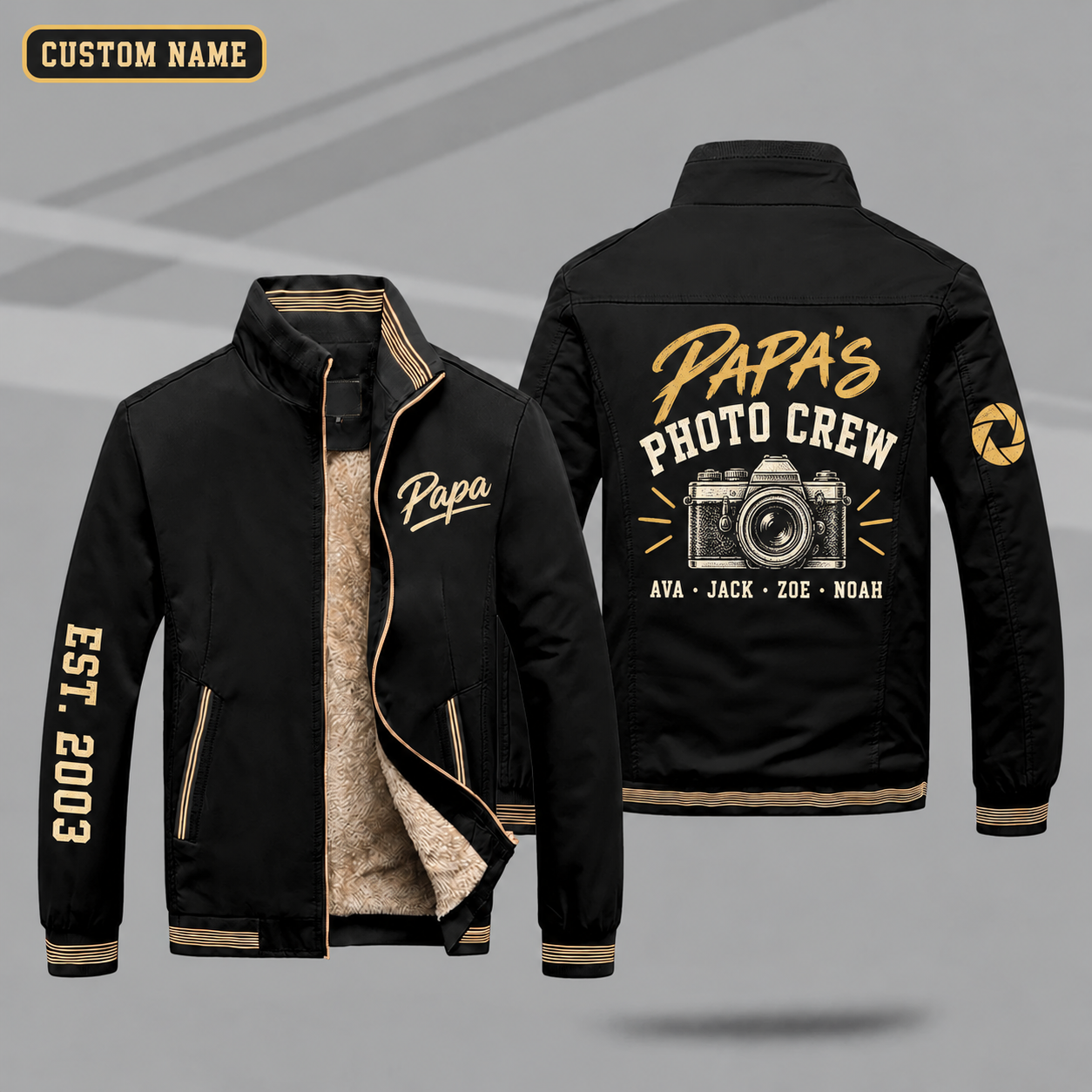 Fleece-Lined Stand Collar Jacket personalized with "Papa's Photo Crew" and vintage camera artwork on the back