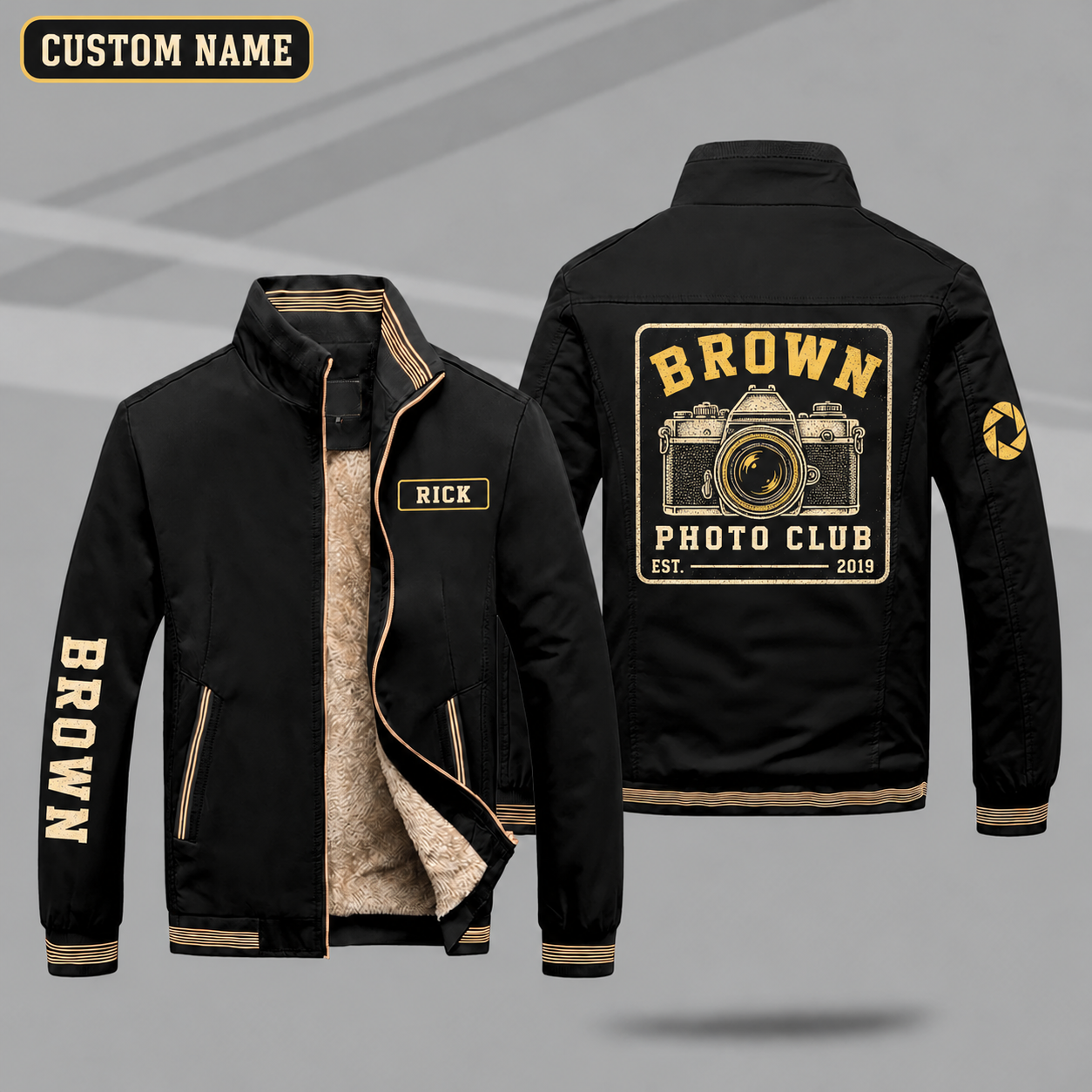 Fleece-Lined Stand Collar Jacket personalized with "Brown Photo Club Est. 2019" and vintage camera artwork on the back