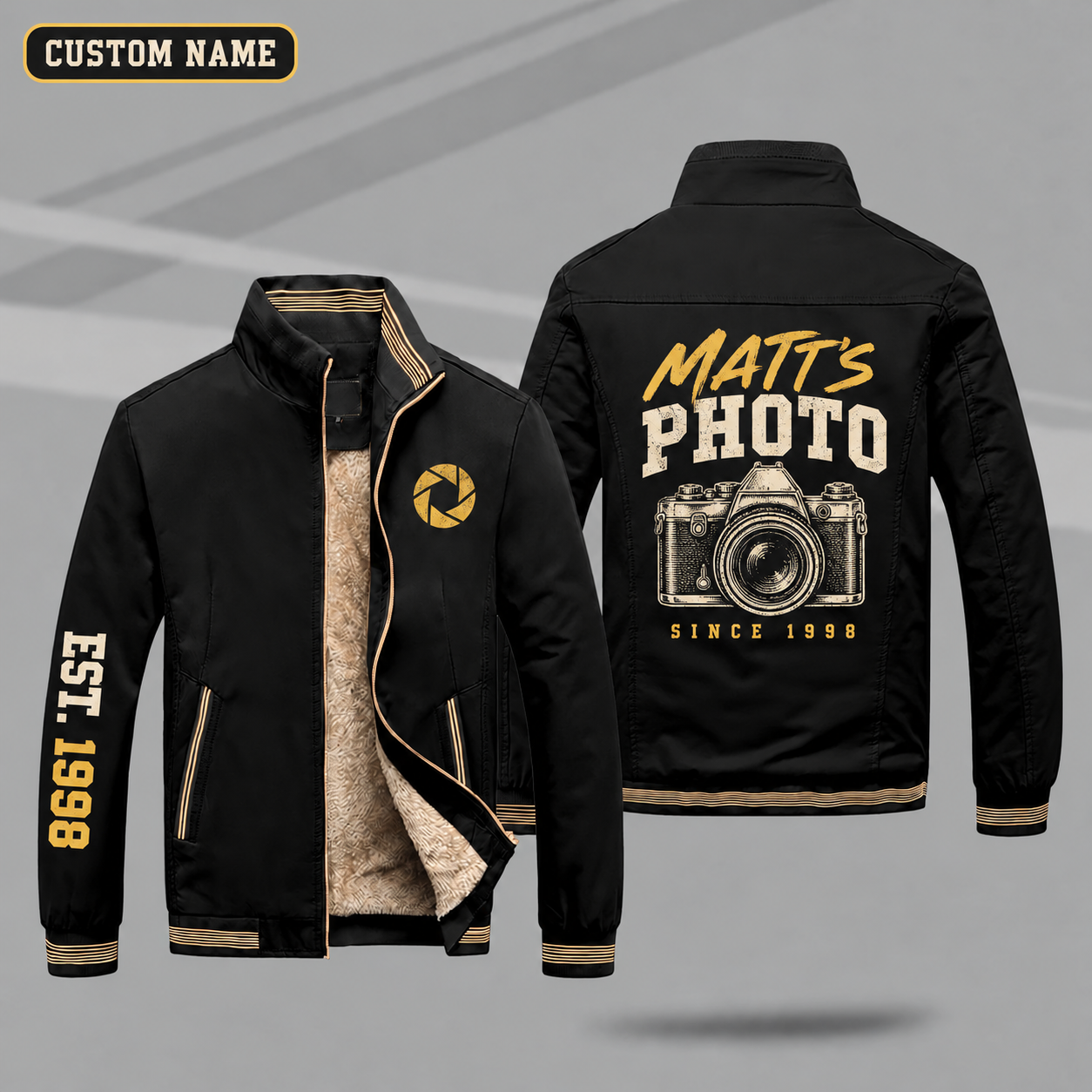 Fleece-Lined Stand Collar Jacket personalized with "Matt's Photo Since 1998" and vintage camera artwork on the back