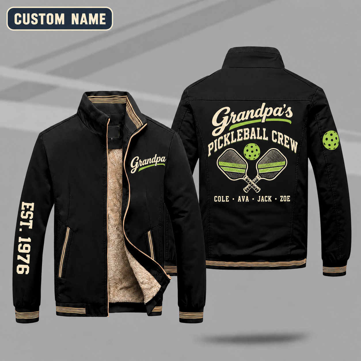 Fleece-Lined Stand Collar Jacket personalized with "Grandpa's Pickleball Crew" and crossed pickleball paddles artwork on the back