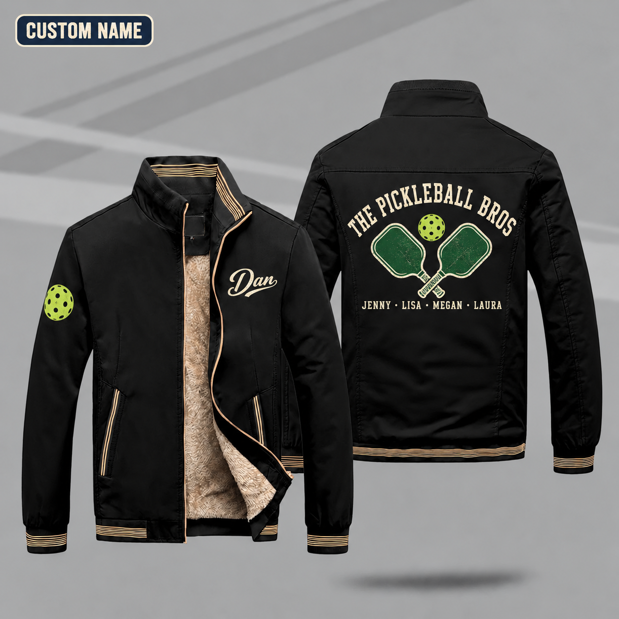 Fleece-Lined Stand Collar Jacket personalized with "The Pickleball Bros" and crossed pickleball paddles artwork on the back