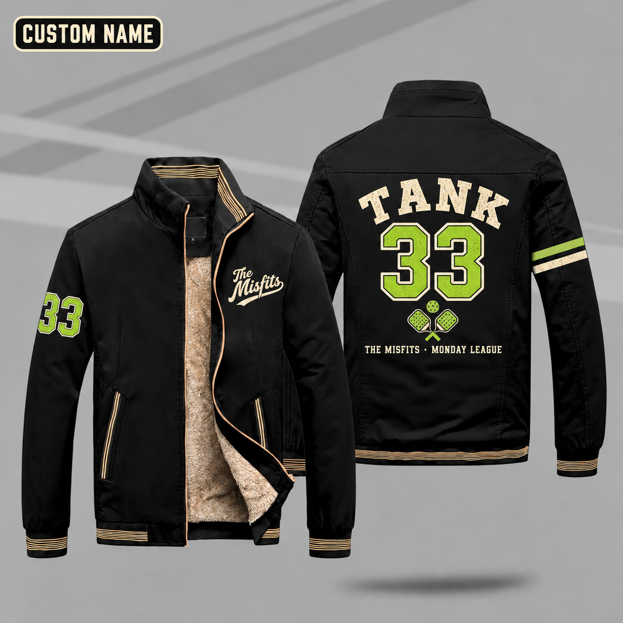Fleece-Lined Stand Collar Jacket personalized with "The Misfits Pickleball League" and crossed pickleball paddles artwork on the back