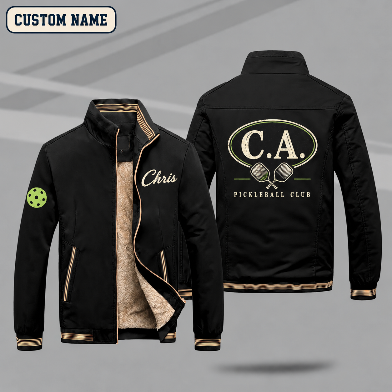 Fleece-Lined Stand Collar Jacket personalized with "C.A. Pickleball Monogram" and crossed pickleball paddles artwork on the back