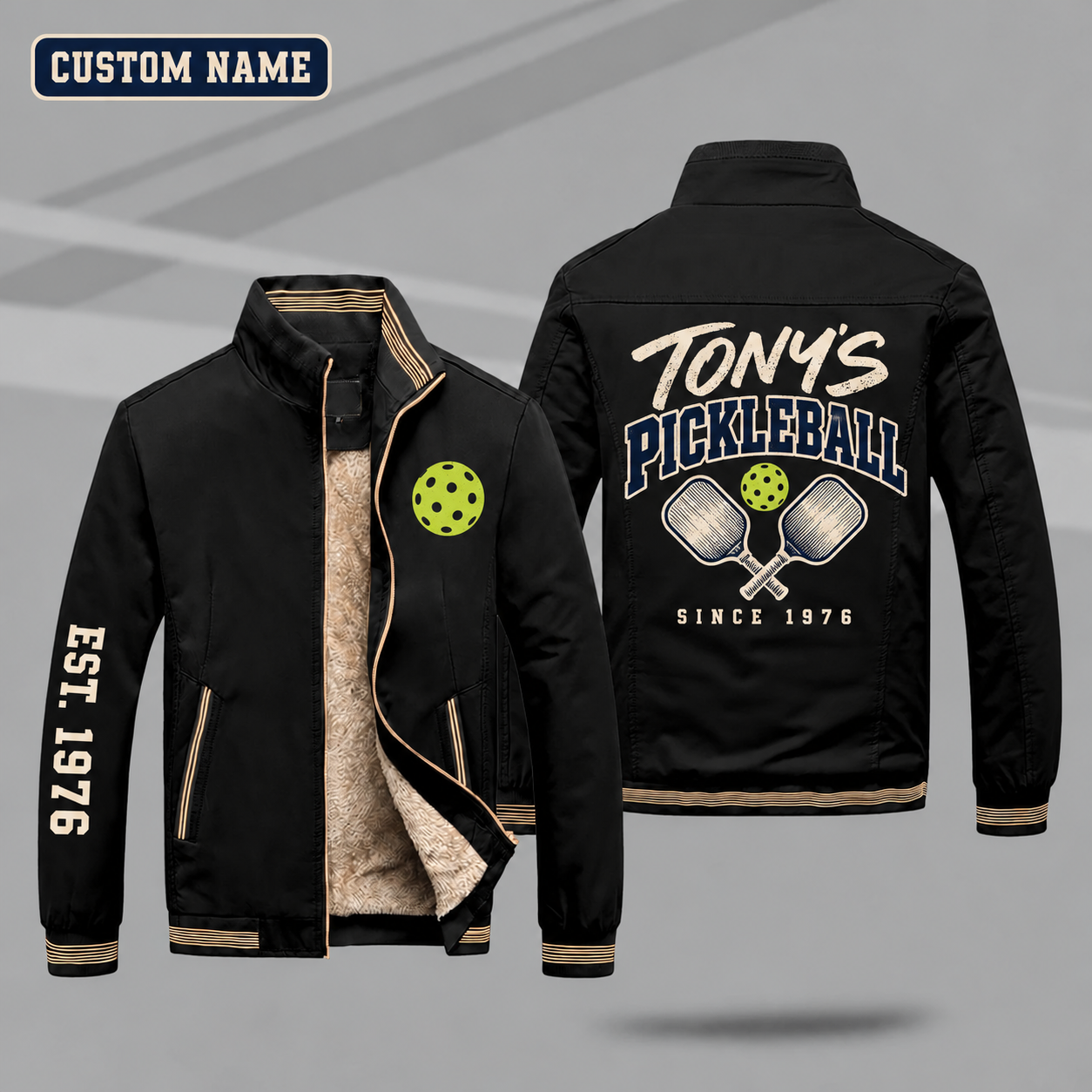 Fleece-Lined Stand Collar Jacket personalized with "Tony's Pickleball Since 1976" and crossed pickleball paddles artwork on the back