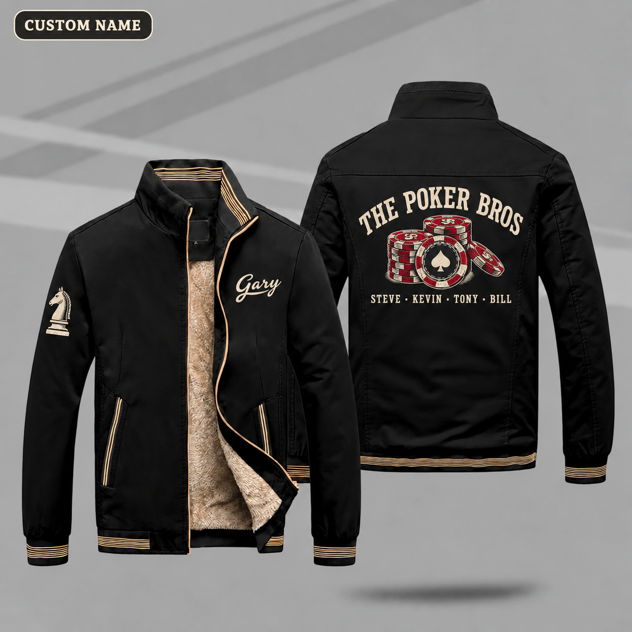 Fleece-Lined Stand Collar Jacket personalized with "The Poker Bros" and poker chips artwork on the back