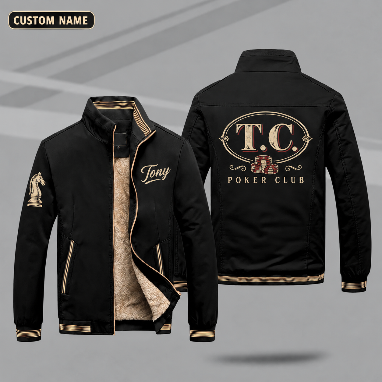 Fleece-Lined Stand Collar Jacket personalized with "T.C. Poker Monogram" and poker chips artwork on the back