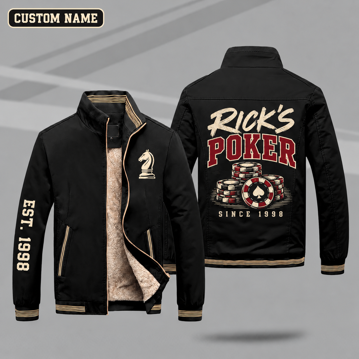 Fleece-Lined Stand Collar Jacket personalized with "Rick's Poker Since 1998" and poker chips artwork on the back