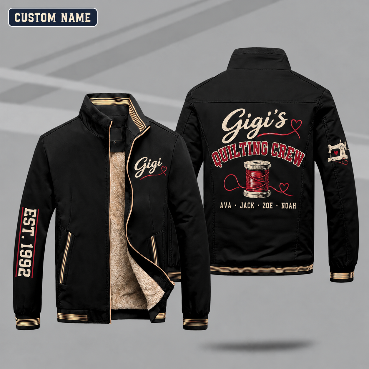 Fleece-Lined Stand Collar Jacket personalized with "Gigi's Quilting Crew" and spool of thread artwork on the back