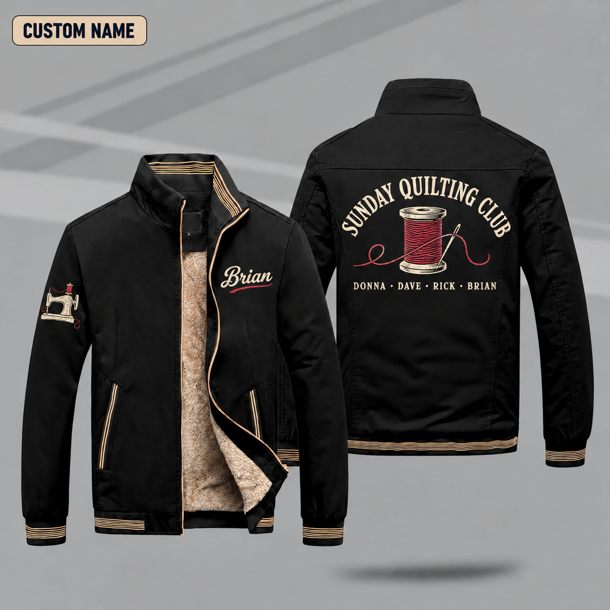 Fleece-Lined Stand Collar Jacket personalized with "Sunday Quilting Club" and spool of thread artwork on the back