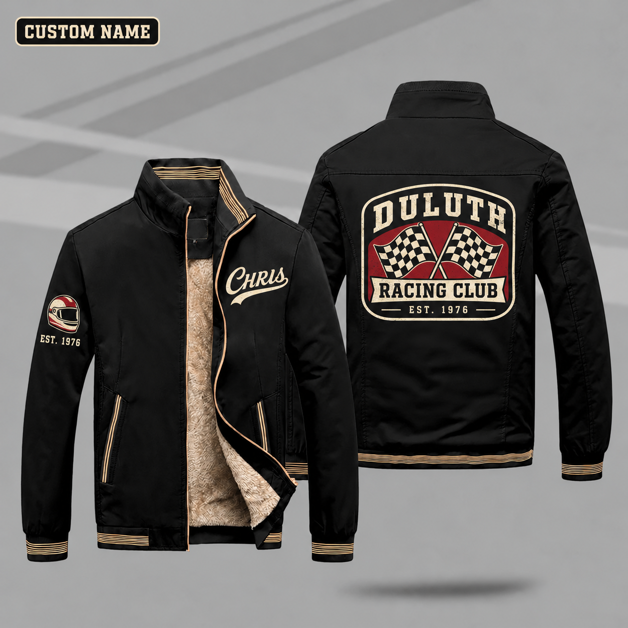 Fleece-Lined Stand Collar Jacket personalized with "Duluth Racing Club Est. 1976" and checkered flags artwork on the back
