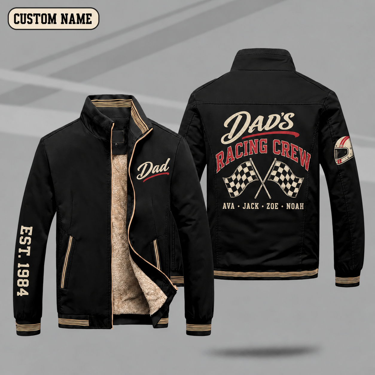 Fleece-Lined Stand Collar Jacket personalized with "Dad's Racing Crew" and checkered flags artwork on the back